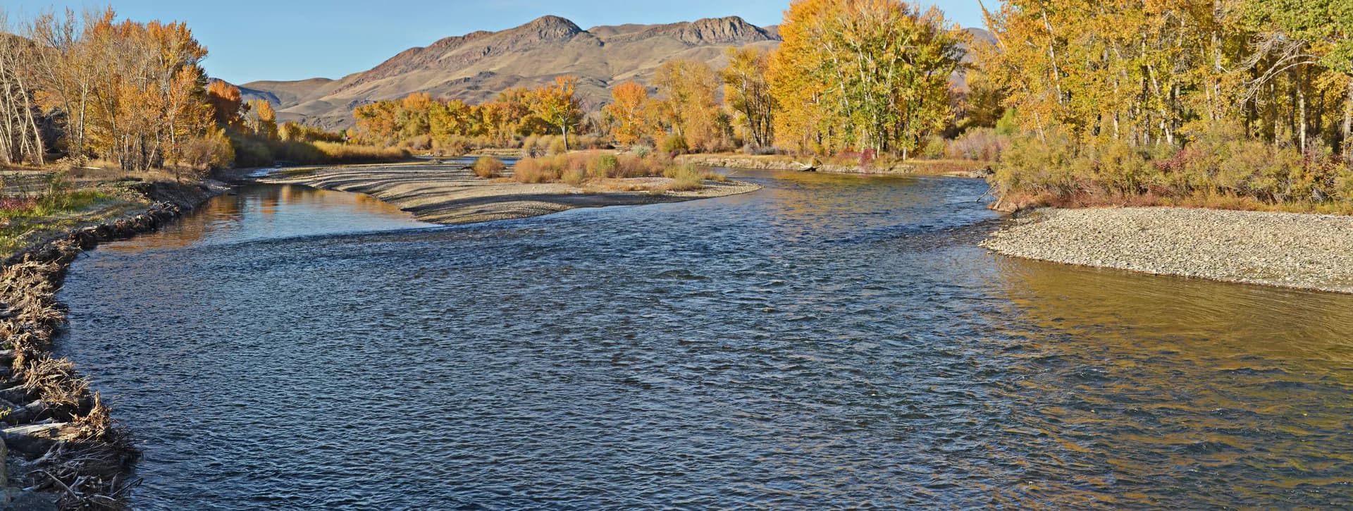 Upper Salmon River winding through mountain canyon in Challis area, Idaho