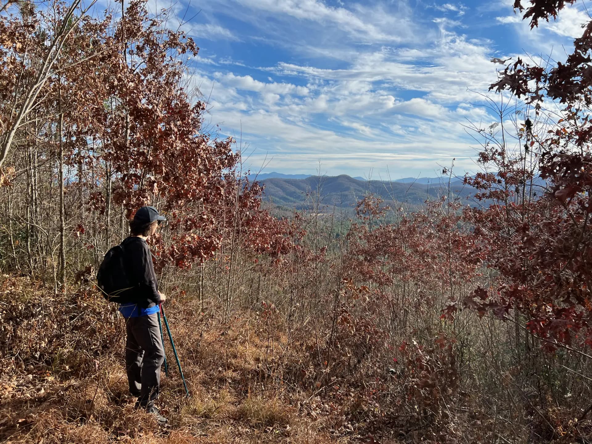 A hiker views mountain scenery at Fires Creek Recreation Area, Nantahala National Forest, Clay County, North Carolina