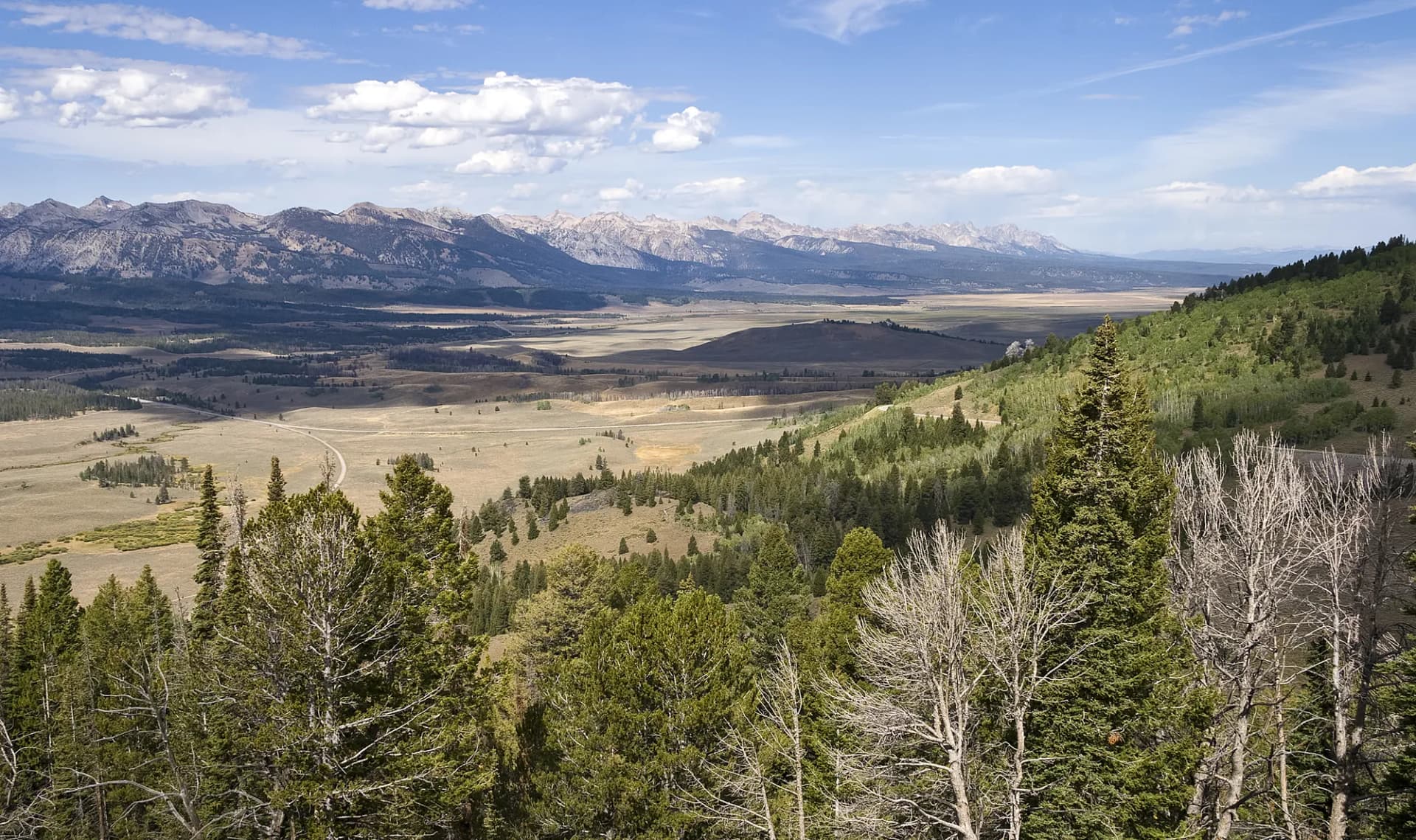 Broad Sawtooth Valley with sagebrush meadows and the jagged Sawtooth Range peaks in the distance, Sawtooth National Forest, Idaho