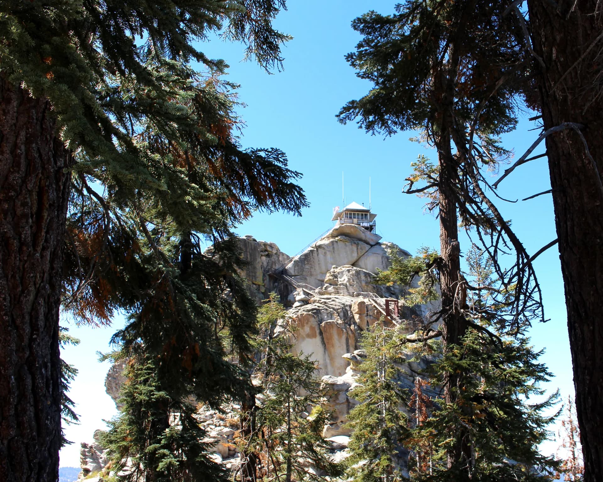 Buck Rock Fire Lookout perched atop a granite dome with views of the Great Western Divide, Sequoia National Forest, California