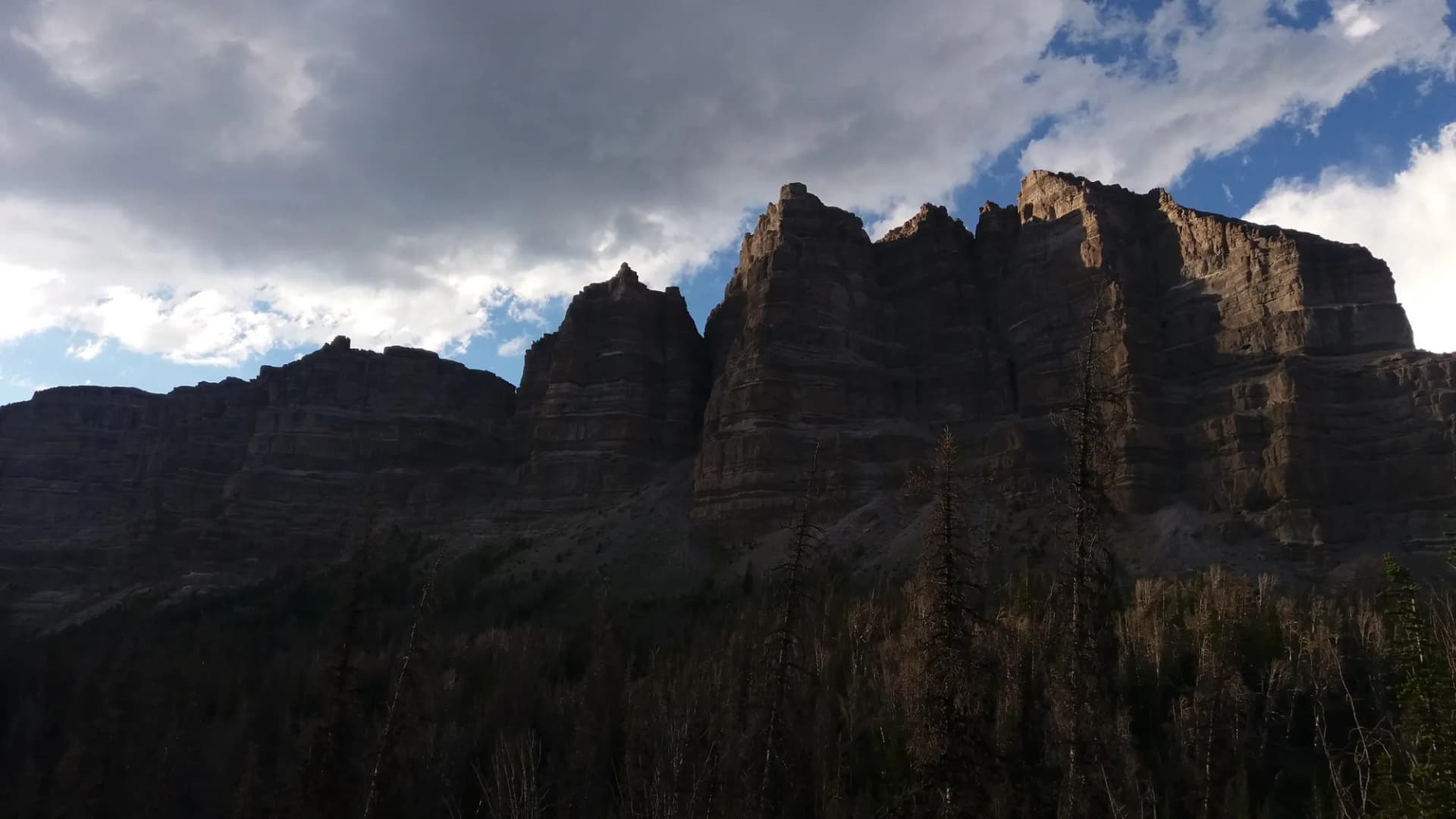 Rugged mountain ridgeline and forested slopes in Shoshone National Forest, Wyoming