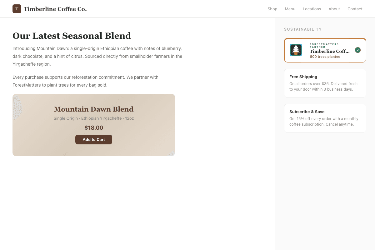 ForestMatters embeddable widget showing live tree count on a business website