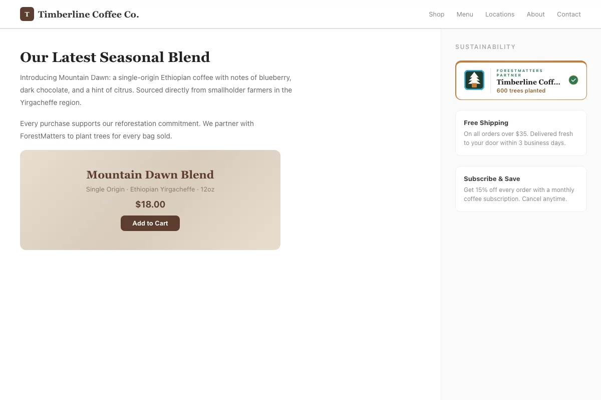 ForestMatters embeddable widget showing live tree count on a business website
